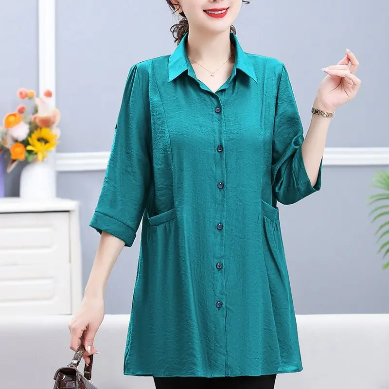 Casual Solid Color Midi Shirt Commute Single-breasted Fashion Turn-down Collar Summer 3/4 Sleeve Female Clothing Pockets Blouse