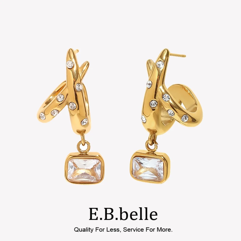 Boucles d'oreilles clous croix mini zircon pavé entrelacé E.B.belle en or 18 carats et acier inoxydable 316L pour femme, bijoux élégants et tendance