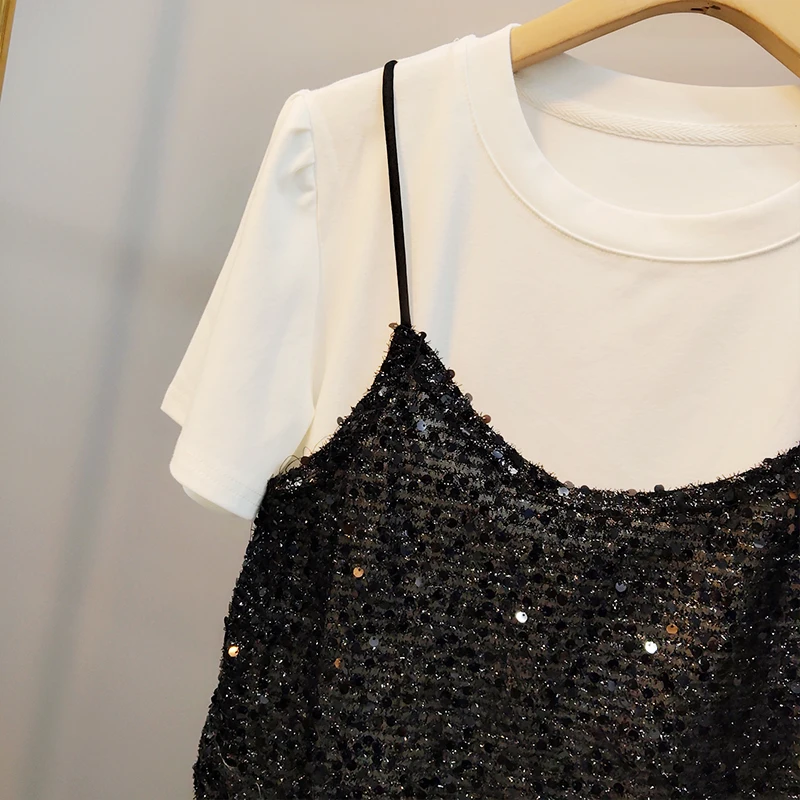 الترتر المرقعة وهمية قطعتين قصيرة الأكمام الترتر تي شيرت الجمالية Camisetas الجرافيك تي شيرت المتضخم تيز Y2k القمم