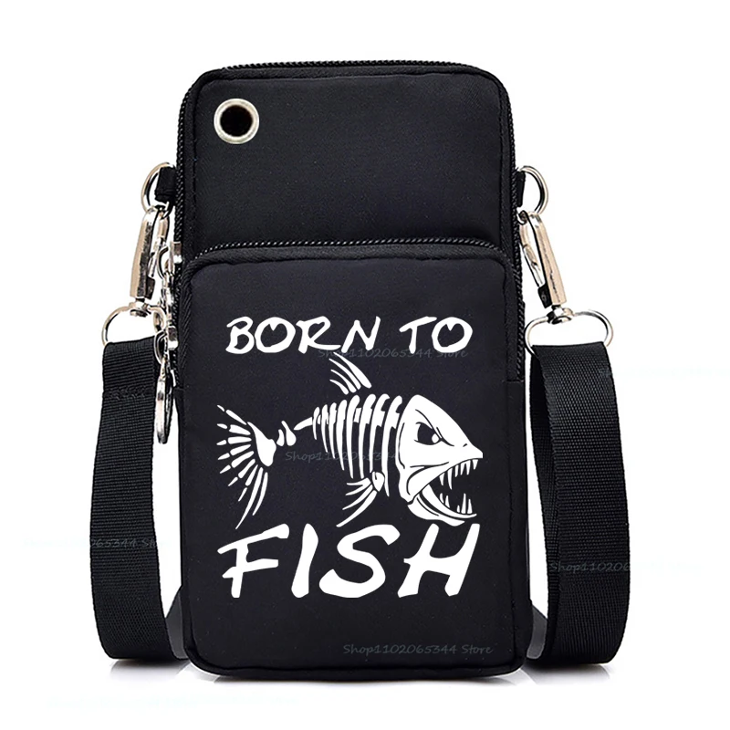 

Born To Fish Print Men Women Phone Shoulder Bags Nylon Purse Fisherman Mini Mobile Phone Bag Fashion Fishing Lover Crossbody Bag