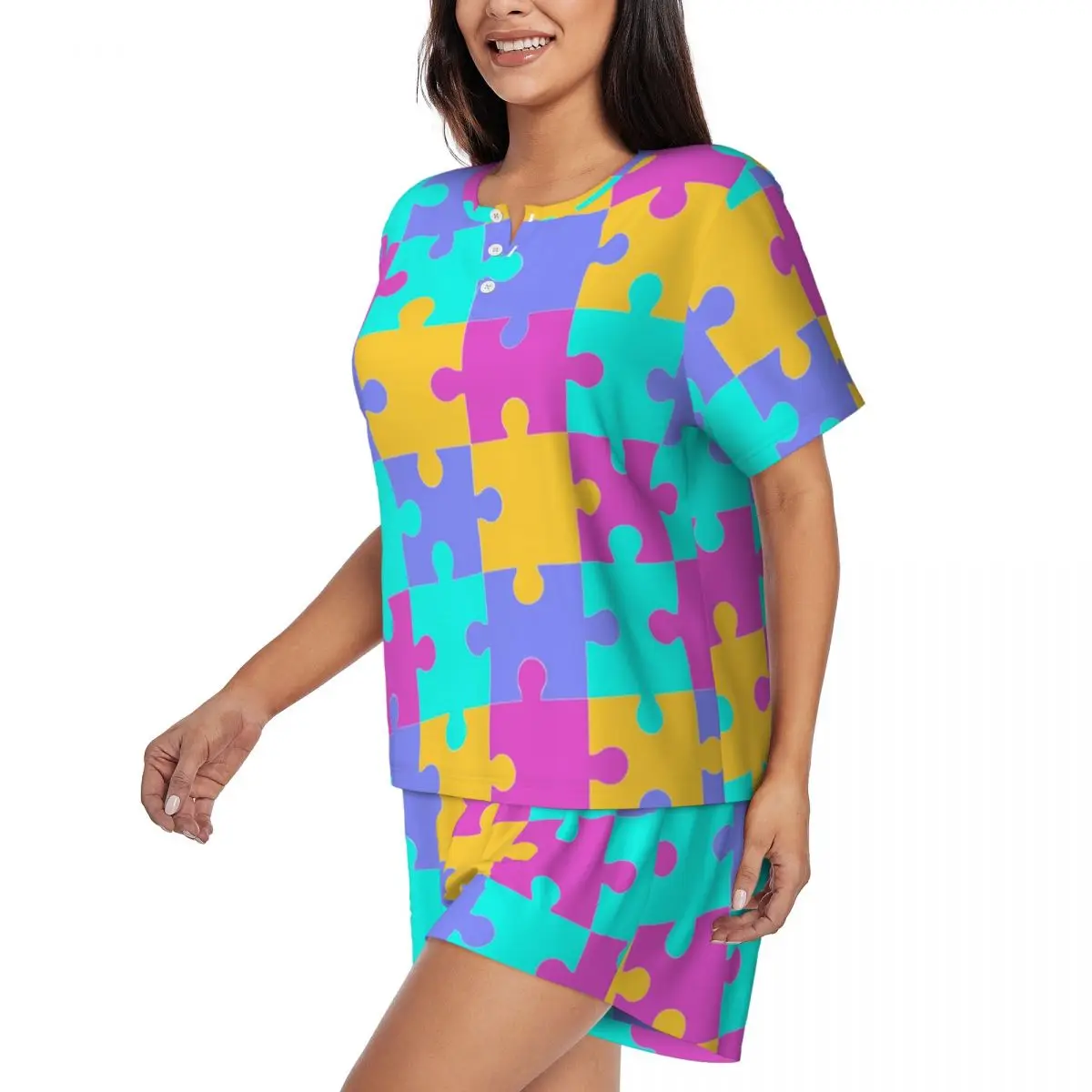 Custom Printed Womens Colorful Jigsaw Puzzles Autism Awareness Pajamas Set Short Sleeve 2 Piece Sleepwear Pjs Lounge Sets