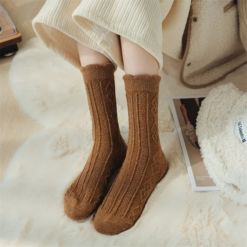 Warm Socks For Women New Solid Color Thick Autumn Winter Casual Wool Socks Female High Quality Cute Frilly Fashion Comfort Socks