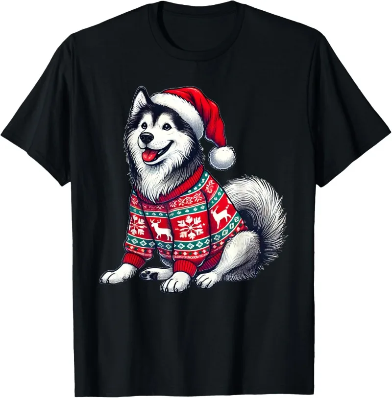 Siberian Husky Dog Ugly Sweater Santa Hat Christmas T-Shirt Cute Husky Shirts Funny Graphic T Shirts Woman Tees Men's T Shirt