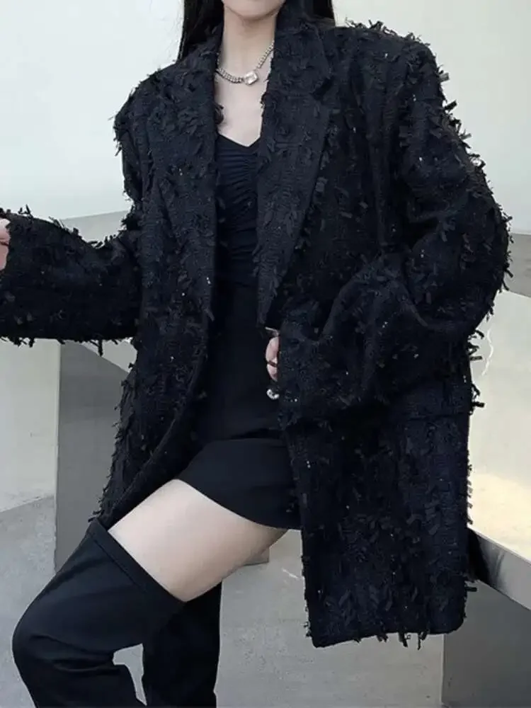 

Street Black Jacket American Retro Loose All Match Tassel Temperament Fashion Blazer Coat Women Spring Autumn 2025