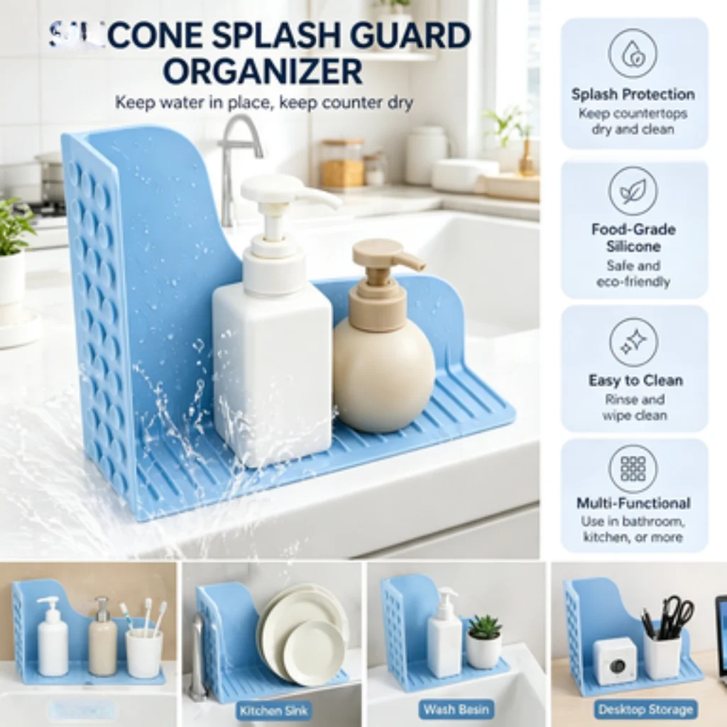 Silicone Splash Guard, Multi-Function Countertop Organizer, Kitchen Sink Splash Storage Rack, Sink Edge Drain Rack.