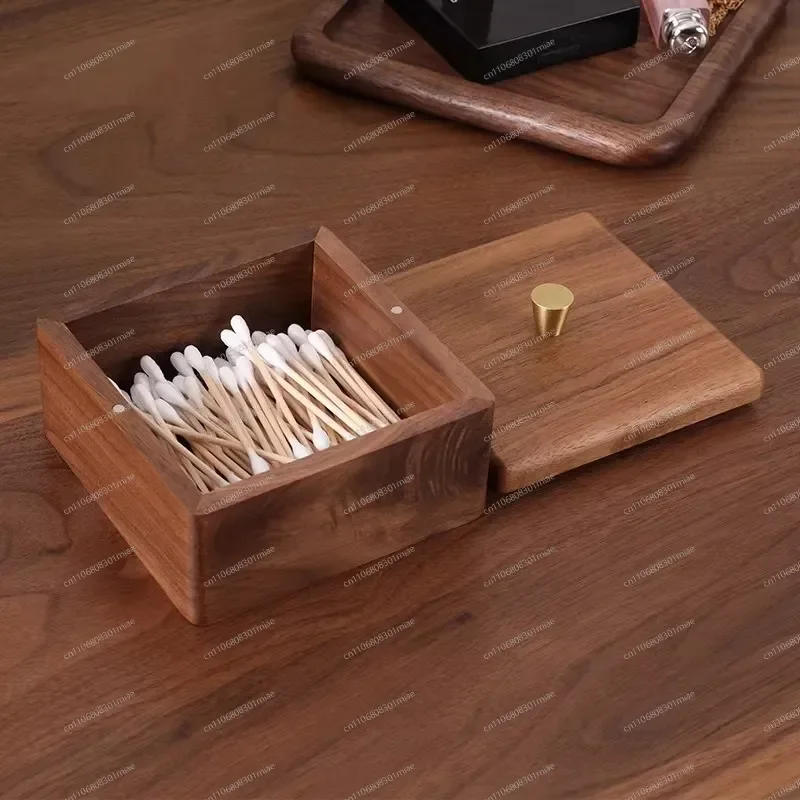 Black Walnut Solid Wood Cotton Swab Box Desktop Cotton Pad Dental Floss Storage Container Toothpick Holder with Lid