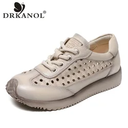 DRKANOL Summer Shoes 2025 Women Casual Sneakers Genuine Leather Hollow Out Breathable Lace-Up Flat Sneakers Comfort Board Shoes