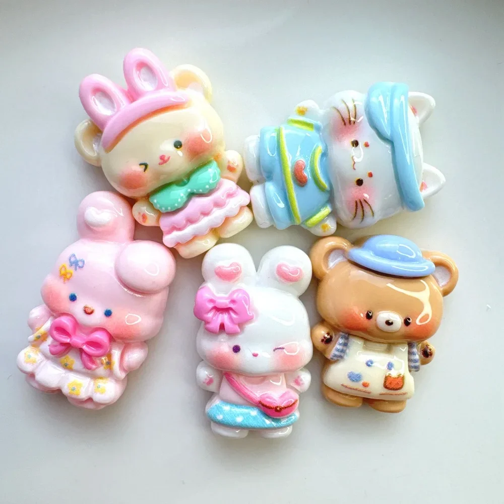 

5 шт., милый кролик, медведь, мультяшный смоляный кабошон с плоской задней частью, материалы для рукоделия, детские ювелирные изделия ручной работы, подвески