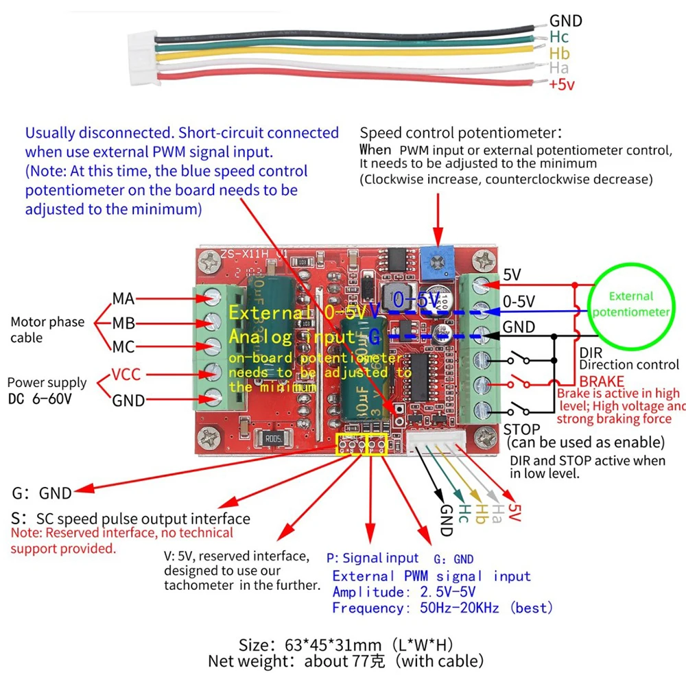 

DC 6-60V 400W BLDC DC Brushless Motor Controller Three Phase PWM Hall Motor Control Driver Board 12V 24V 48V