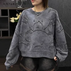 2024 Autumn Winter New European Hoodies Heavy Industry Cartoon Short Sweatshirts Women Loose And Thin Full Diamond Top Sudaderas