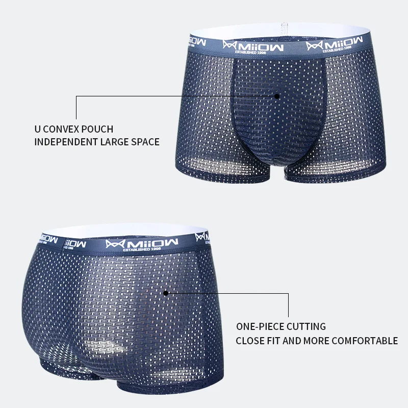 MiiOW 3Pcs Sexy Mesh Men Boxer Underwear Graphene Antibacterial Male Panties Ice Silk Underpants Breathable 4XL Boxershort 2022