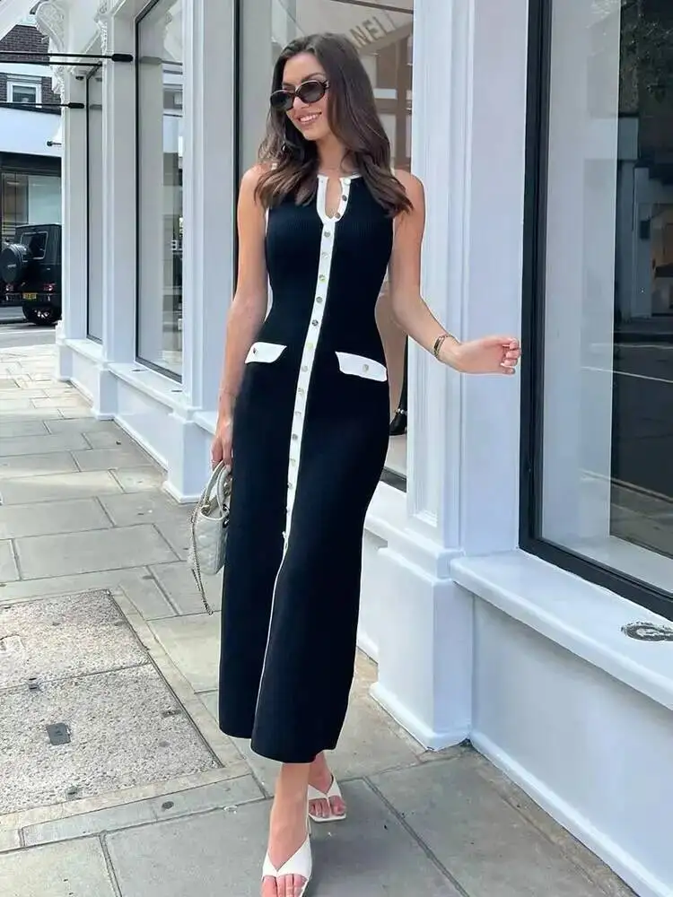 أنيقة بلا أكمام واحدة الصدر مضلع تريكو فستان طويل للنساء عالية الخصر Bodycon محبوك وهمية جيب فستان جديد