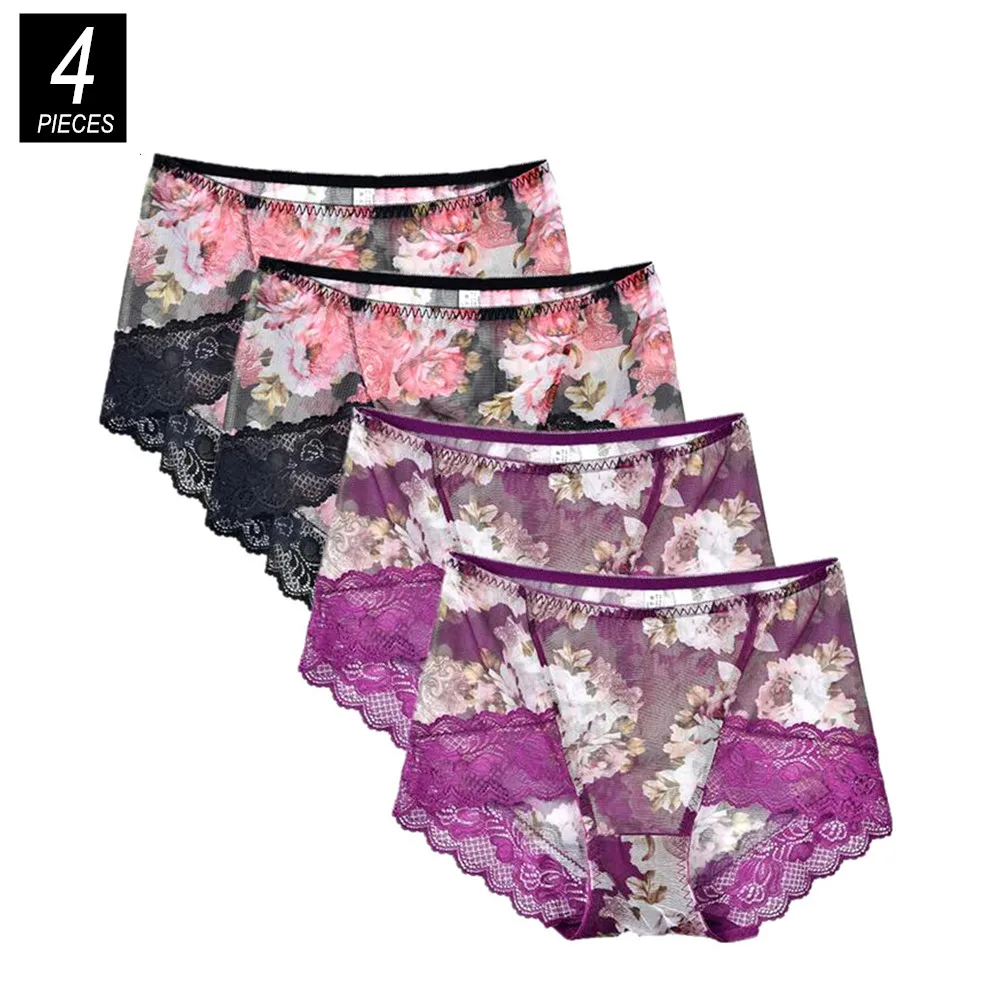 

4 шт., кружевные большие женские трусики с оборками, большие размеры, женское сексуальное нижнее белье, бесшовные сетчатые трусы большого размера