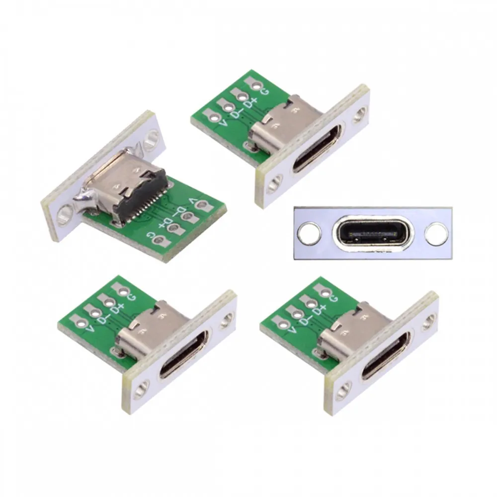 5Pcs USB Type C Socket 4 Pin With Fixing Plate Mount Type-C USB Jack Connector DIY Charging Port 4P Type C Female USB Connectors