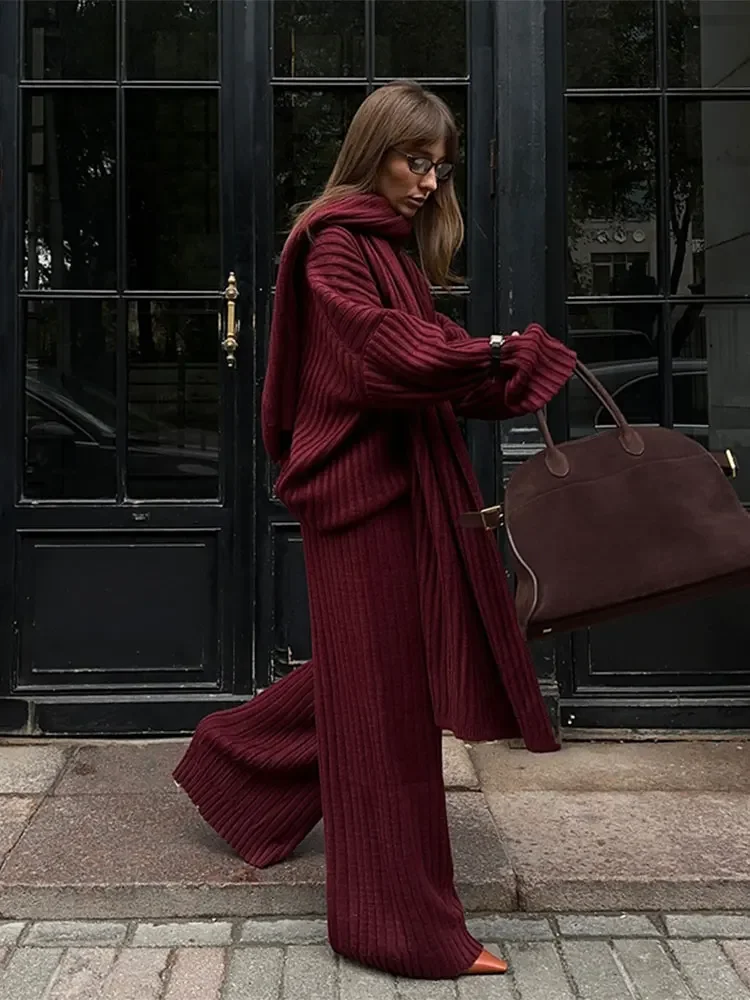 

Elegant Burgundy Color Women's Loose Wide Leg Pants Set Chic Scarf Collar V-neck Knitted Sweater Suits Lady Street Knitwear 2024