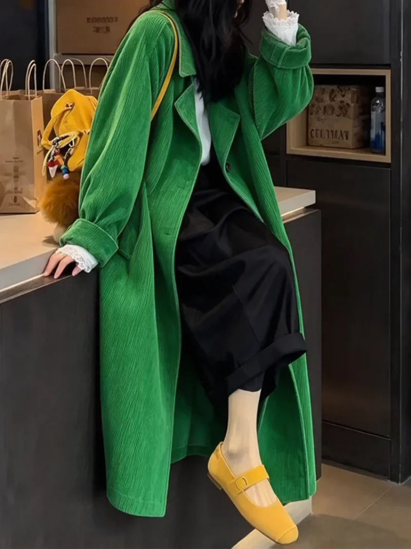 Women's Green Corduroy Windbreaker Jacket Korean Style Long Coat Autumn New Fashion Niche Clothing Super Popular Trench  J2267