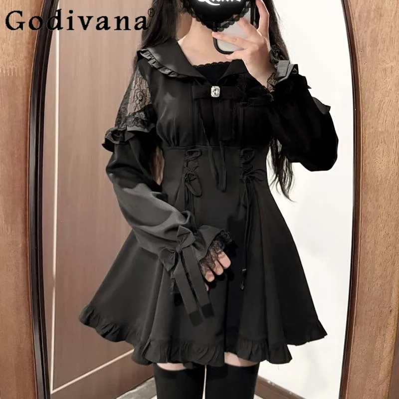

Japanese Mine Mass-Produced Large Size Long-Sleeve Dress Set Autumn Girls High-Waisted Slim Navy Collar Dress Shorts 2-Piece Set