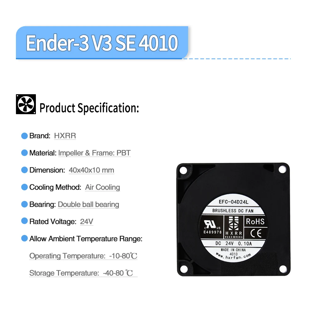

Ball Bearing 4010 Fan for Ender 3 V3 SE Ender-3V3KE CR-10 SE 3D Printer Hotend 4010 Blower fan Cooling Fan 24V Brushless DC 0.1A