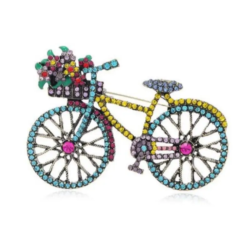 Vintage Criativo Strass Bicicleta Broches para Mulheres, Cristal Flor Bicicleta Broche, Mochila Terno Pins, Unisex Moda Jóias