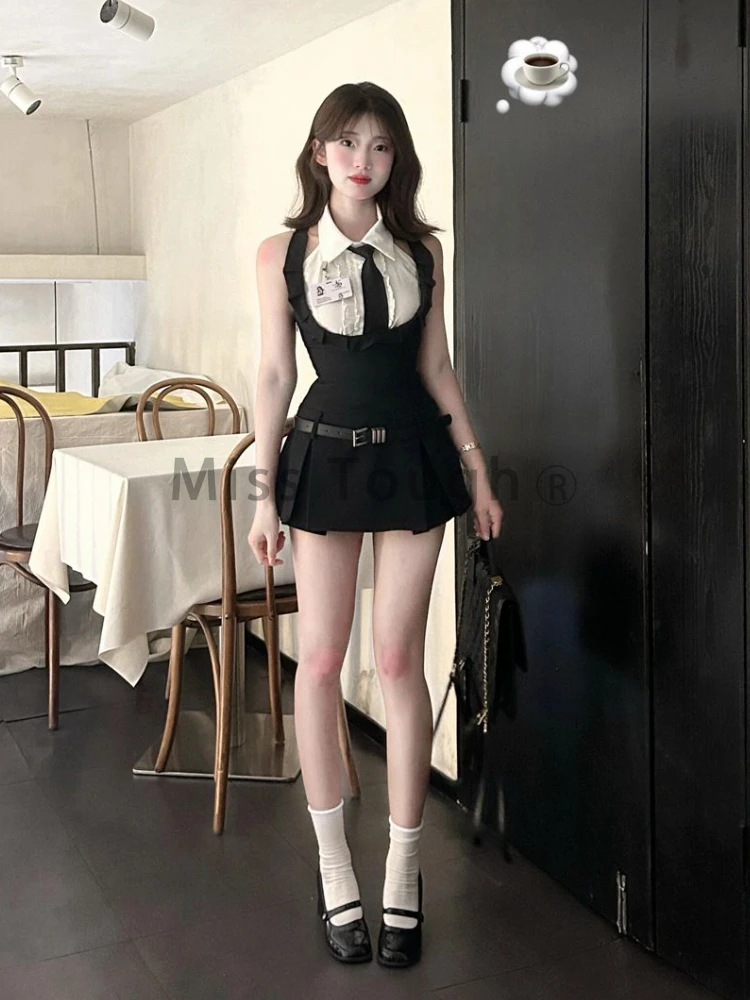 American Y2k Jk Uniform 2 Piece Set Summer Vintage Sleeveless Shirt + Hanging Neck Dress Suit Aesthetic Korean Fashion Sets 2024