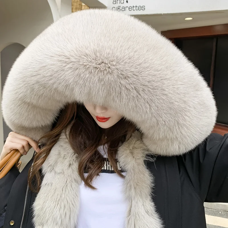 Jacket Winter 2023 Women Fashion Real Fur Coat Natural Fox Fur Collar Loose Detachable Rex Rabbit Fur Liner Parkas Outerwear