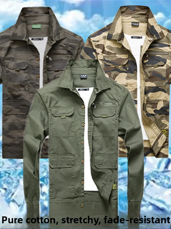 

Мужской рабочий комплект униформы: тонкая куртка из чистого хлопка с камуфляжным принтом, защитная одежда для сварки от ожогов, верхняя одежда