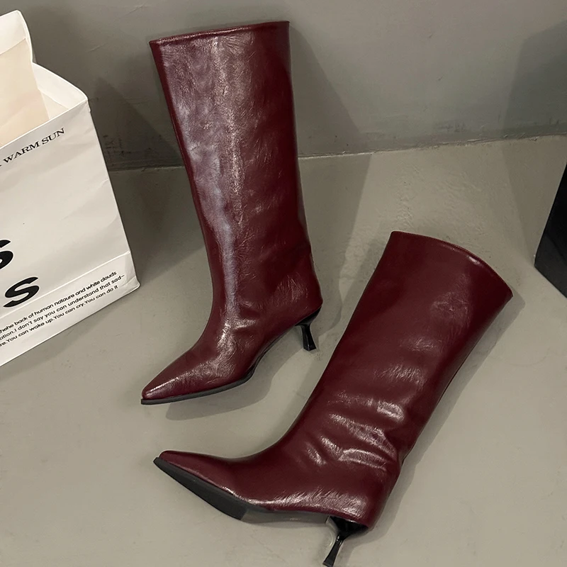 Winter Thin Low Heels Women Knee-High Boots Fashion Pointed Toe Wedding Party Shoes Ladies Elegant Slip On Long Booties image 4