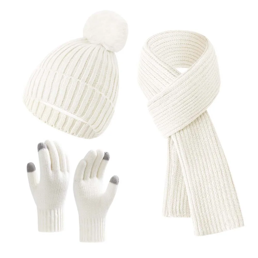 Versatile Elastic Scarf and Hat Set Warmer Mittens Touch Screen Woolen Hat Plush Ball Solid Color Knitted Scarf Windproof
