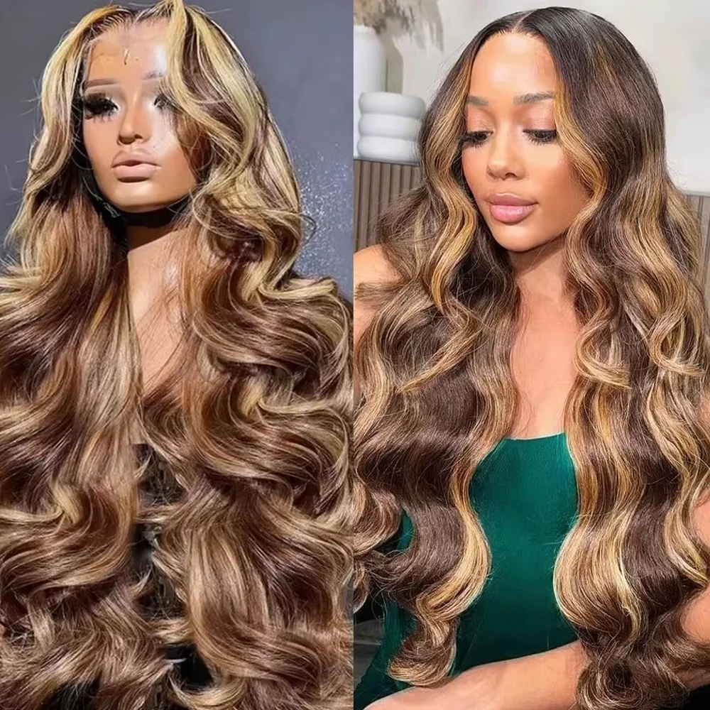 

32 Inch Honey Blonde P4/27 Colored Body Wave Highlight Human Hair Wig 13x4 HD Lace Frontal Wig Pre-plucked 5x5 Glueless Hair Wig