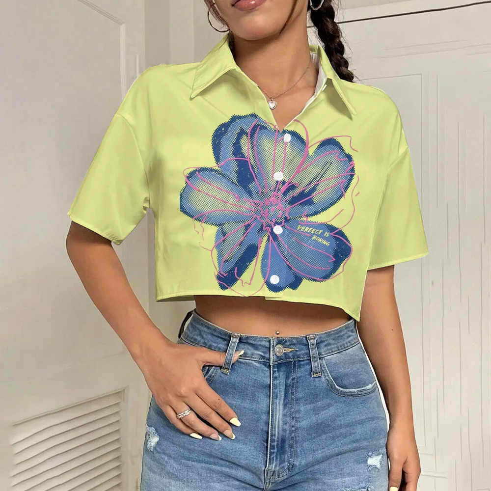 

Women 2024 Summer Tops Button Front Shirts Simple Floral Print Women's Sumer Clothes Short Sleeve Shirts & Blouses Crop Top