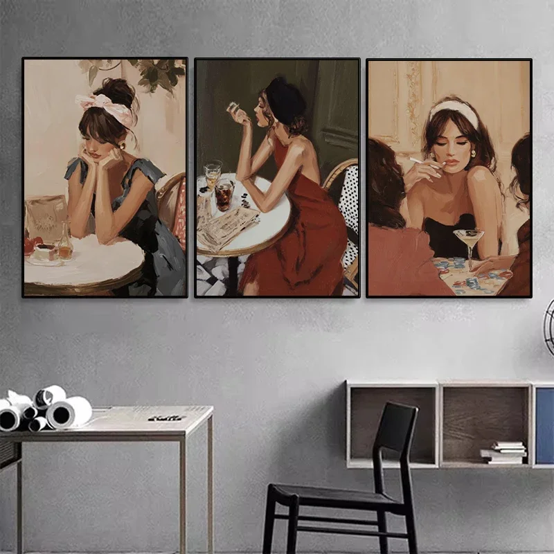 Frameless Canvas Painting 1pc Frameless Vintage Elegant Woman Poster Moody Cosy Feminine Casino Bar Scene Canvas Wall Art For Cl