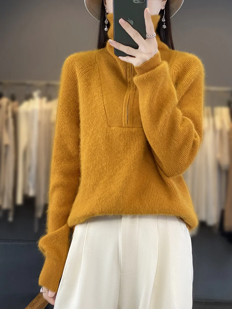 Aliselect Women Zipper Pullover 100%Mink Cashmere Sweater Long Sleeve Casual Loose Knitted Coat Jumper Korean Fashion Thick Tops