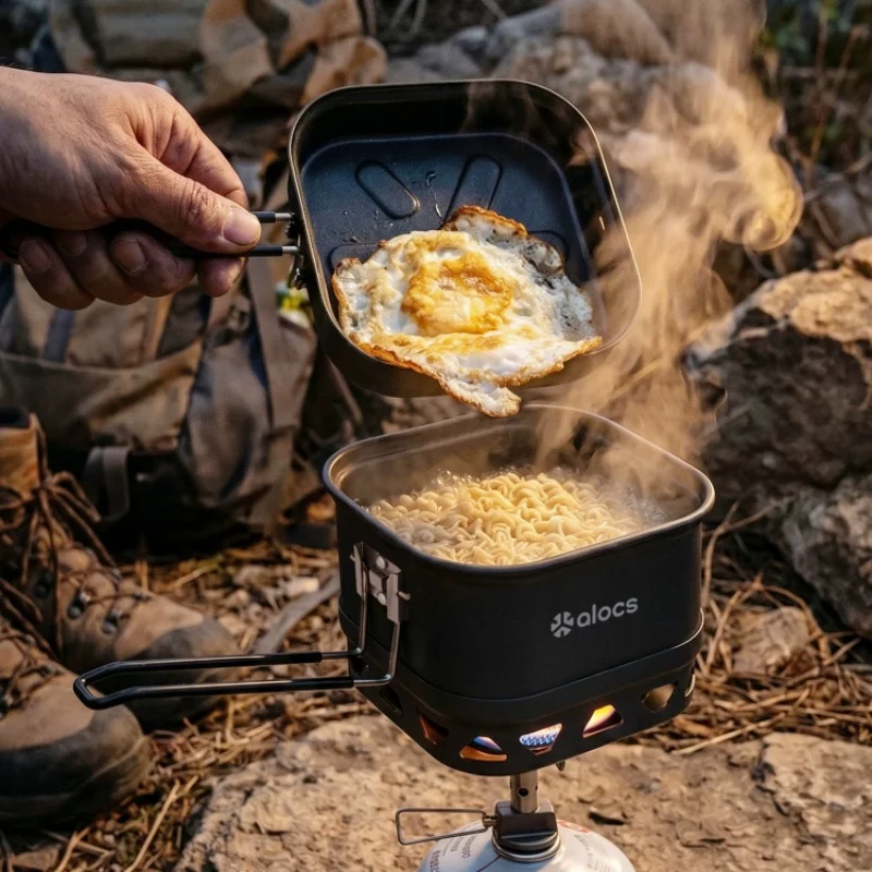 Outdoor Single Person Camping Pot Set ALOCS Aluminum Alloy Lightweight Heat Collecting  Portable Foldable Hiking Cookware Set