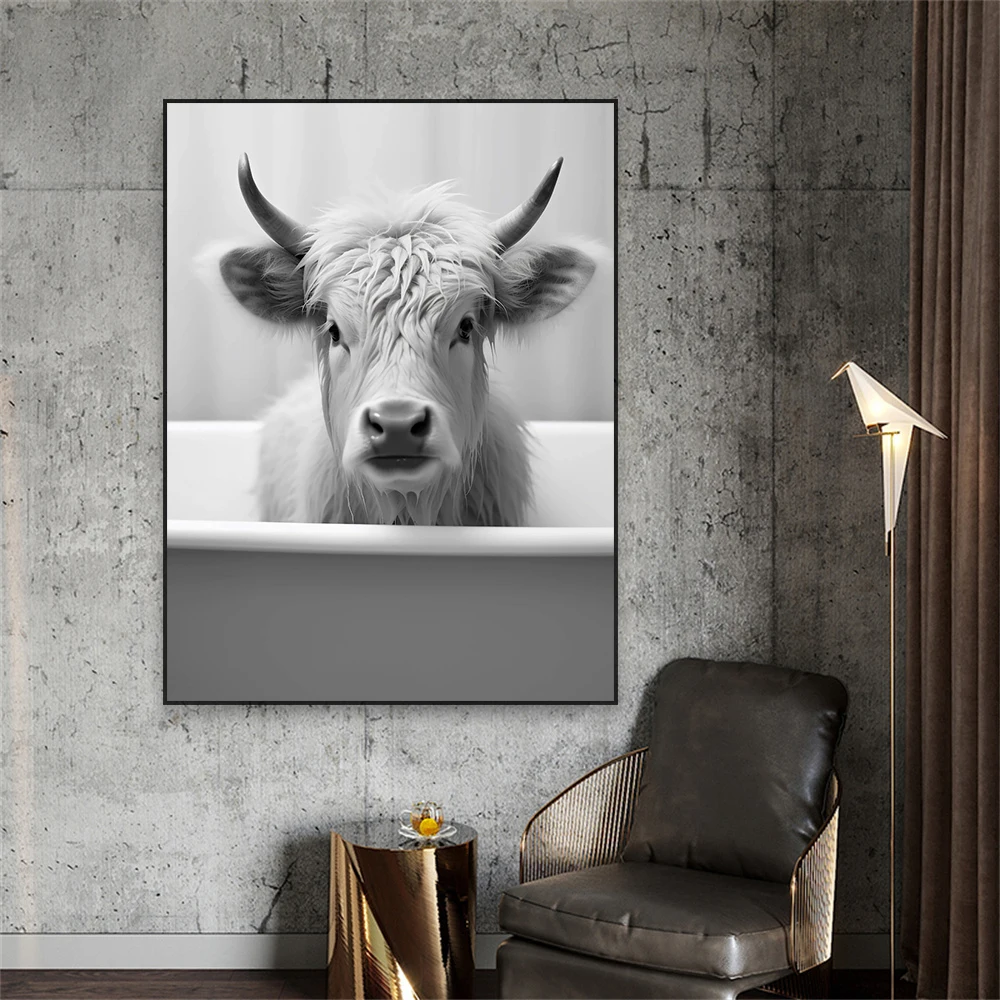 Black and White Cute Animal Poster Highland Cow In The Bath Art Print Cow In A Bathtub Art Print Bathroom Decor Canvas Painting