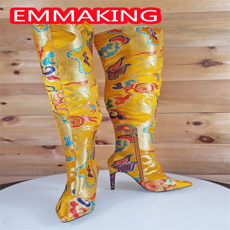 

Зимние ботинки, женская модная обувь из шелковой разноцветной ткани Broche, 2024, женские пикантные сапоги выше колена в этническом стиле для подиума, 44