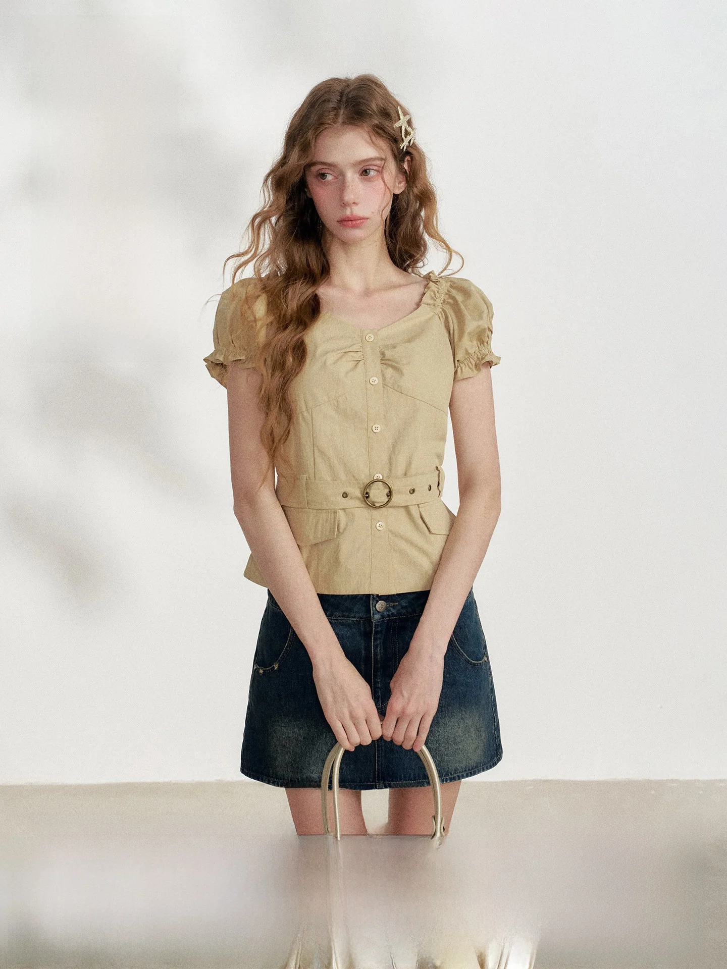 

Spring Summer New Arrival Women's Short Sleeve Shirt Light Khaki Color Korean Style Sweet Style Belt Design Breathable Fabric
