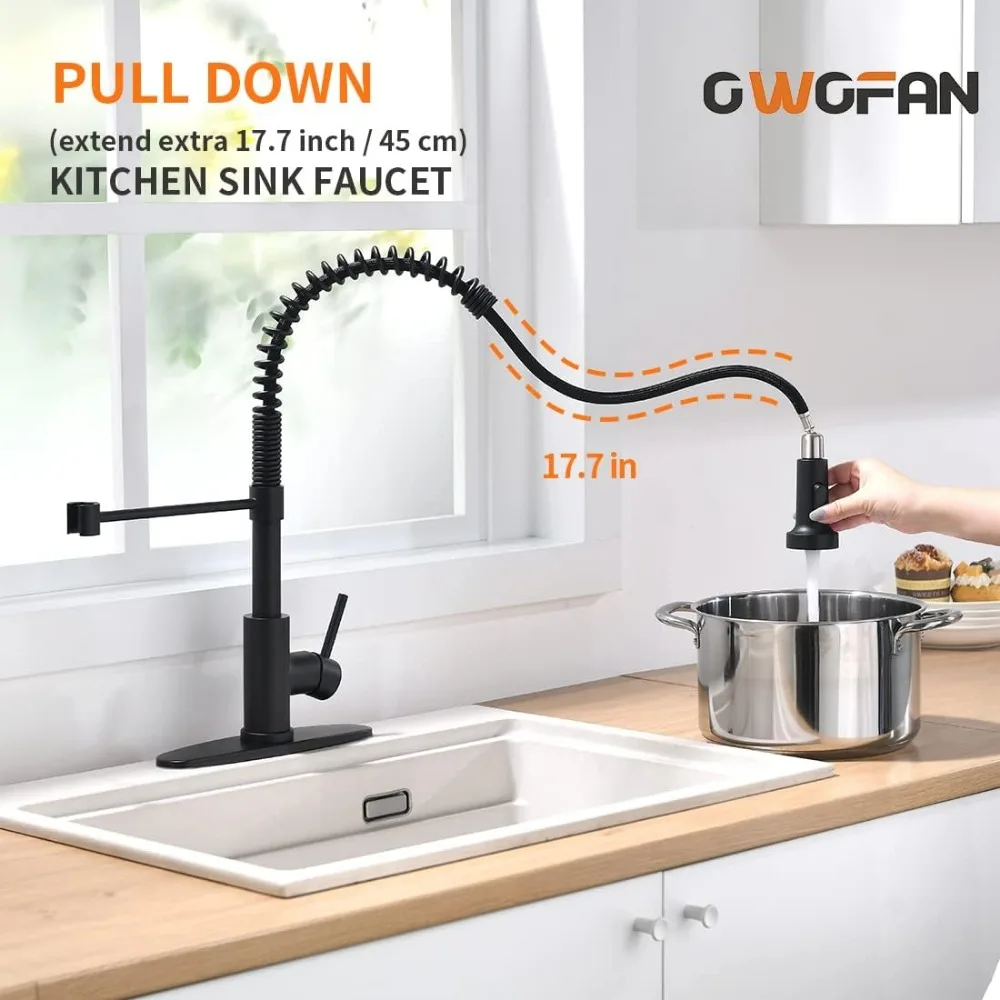 OWOFAN Black Kitchen Faucet with Pull Down Sprayer Stainless Steel Single Handle Pull Out Spring Sink Faucets 1 Hole or 3 Hole