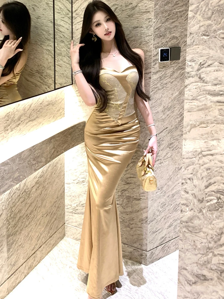 女性用エレガントサテンパッチワークジャカードセクシースリングドレス2025韓国ラグジュアリーパーティーイブニングドレスサマーボディコンフェスティバルドレス