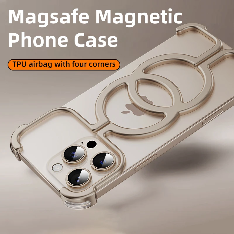 

Металлический креативный магнитный чехол для телефона для iPhone 16, 15, 14 Pro Max, противоударный чехол из цинкового сплава без оправы Magsafe с защелкой на кронштейне