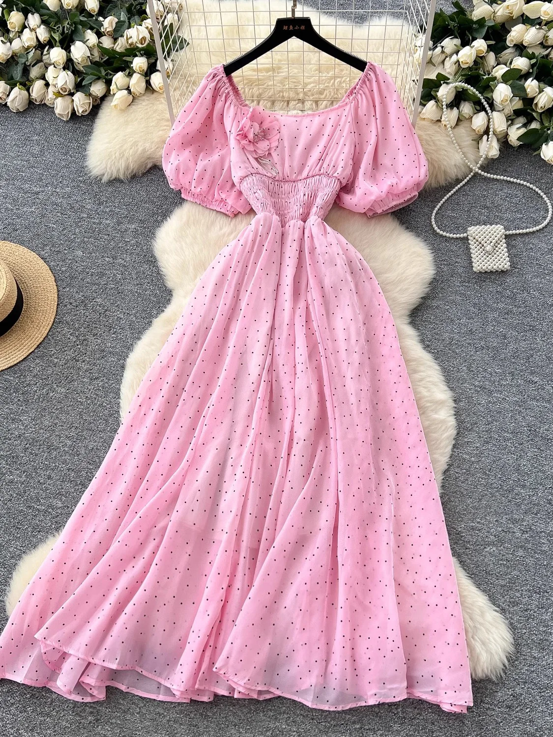 

Summer Women Polka Dot Long Dress Vintage Blue/Pink/Khaki/Green Square Collar Short Puff Sleeve Tie Flower Patchwork Vestido New