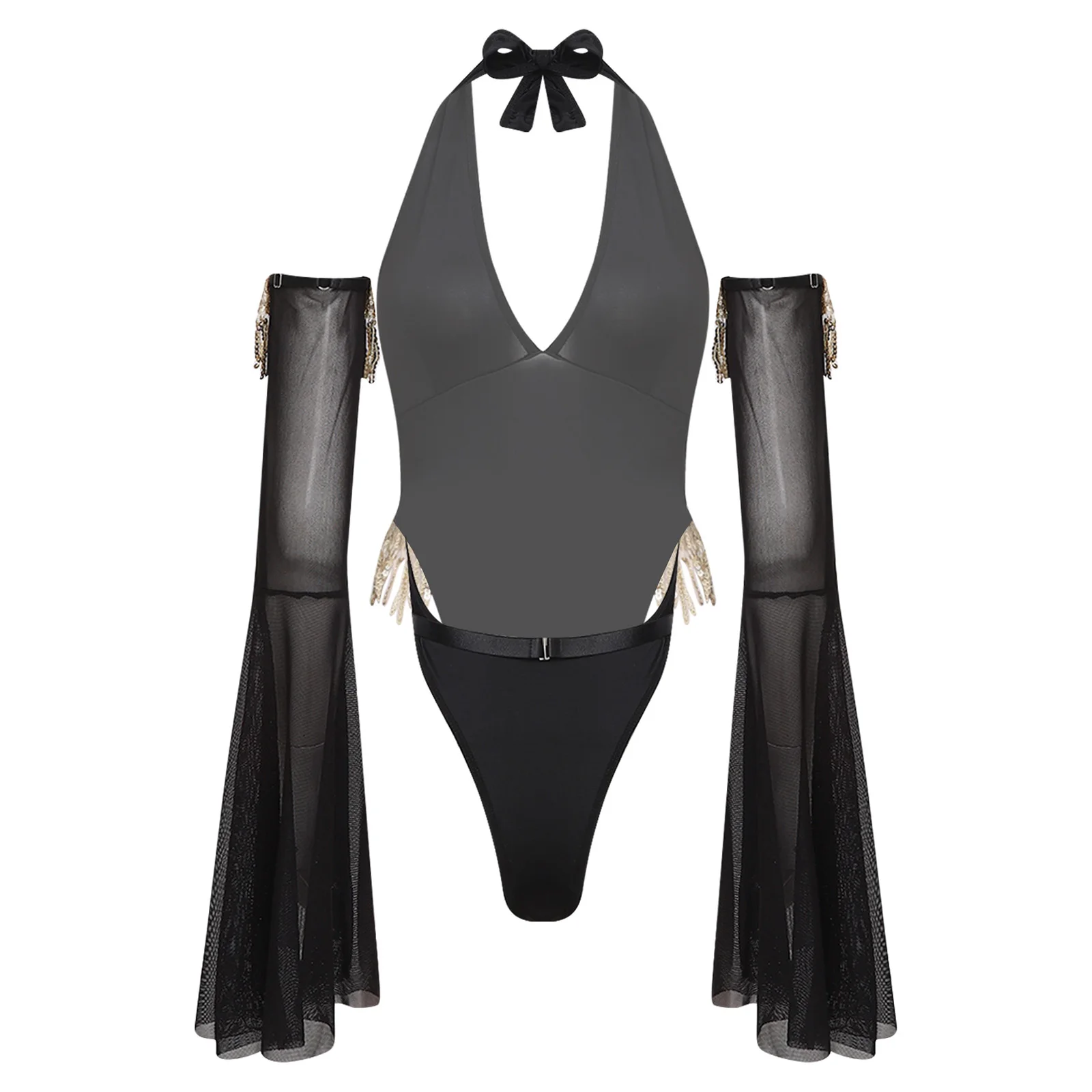 Women Halter Deep V Neck Backless Lingerie Bodysuit with Removable Flared Mesh Sleeves Sequined Tassel Armband and Waist Belt