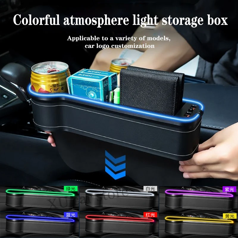 New Car Crevice Storage Box with 2 USB Charger Colorful LED Seat Gap Slit Pocket Seat Organizer Card Phone Bottle Cups Holder