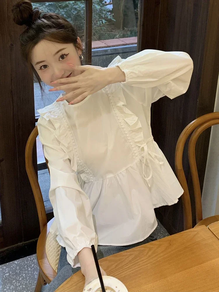 Ruches Zoet Wit Shirt Vrouwen Losse Koreaanse Mode Lange Mouw Blouse Casual Leuke O Hals Ontwerp Vrouwelijke Preppy Stijl Tops