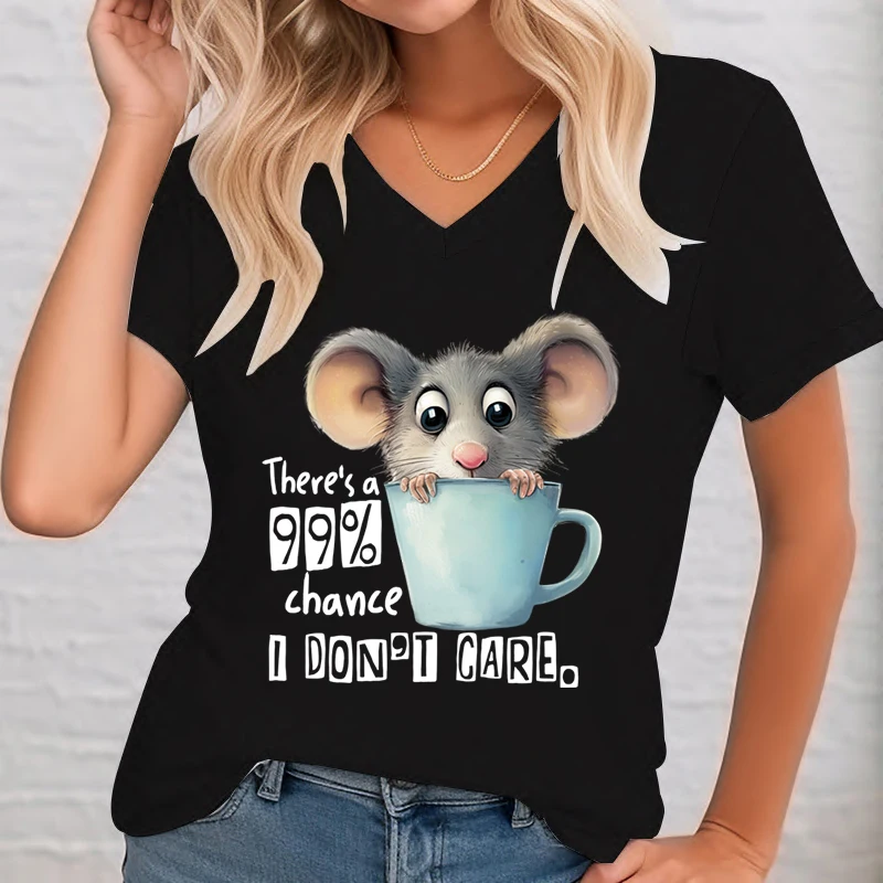 There\'s A 99% Chance I Don\'t Care Print T Shirt Women Funny Humor Animal Opossum Quotes Tops Camisas Cartoon Lady V-Neck Tshirt