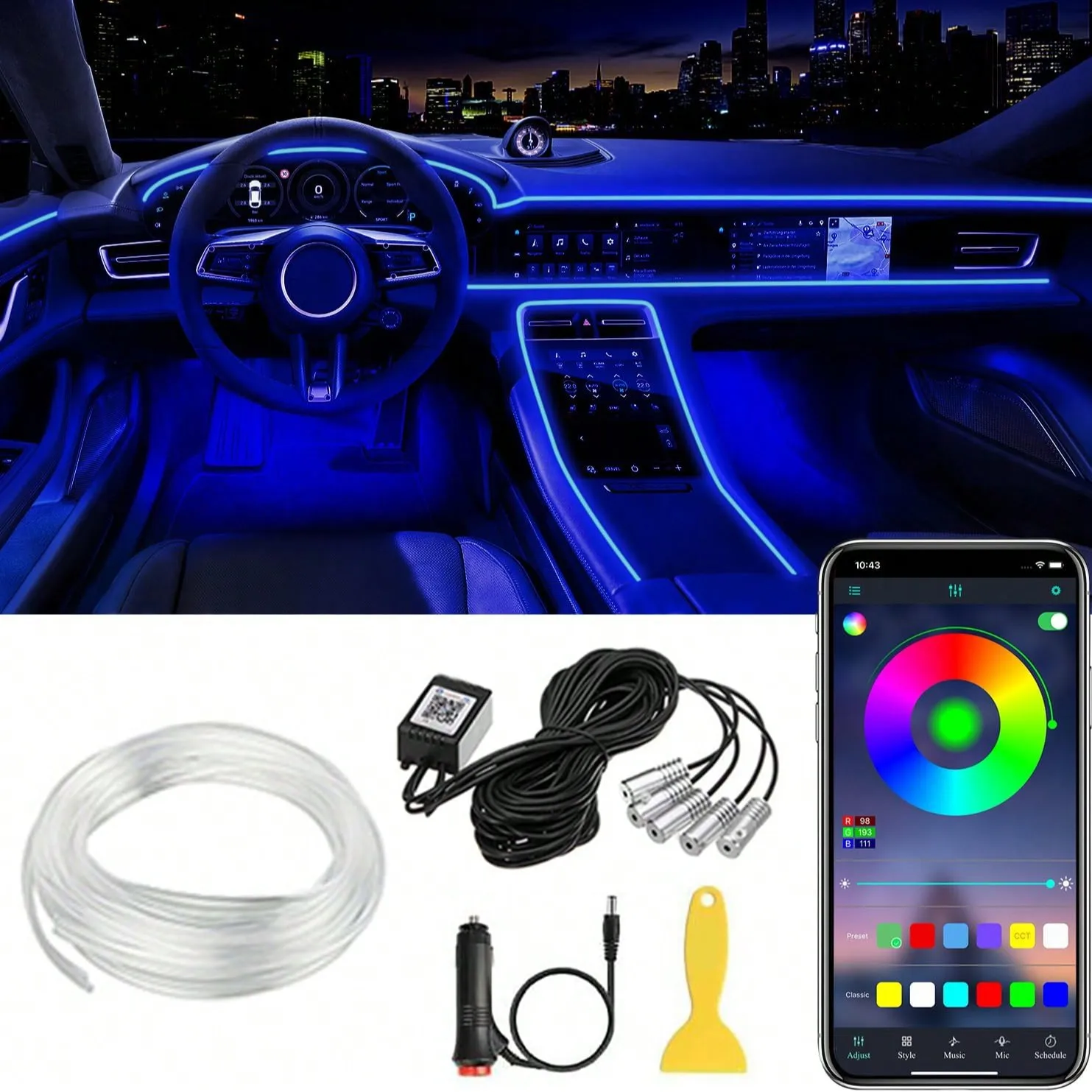 

Car RGB Ambient Lighting Kit with 6M Fiber Optic, APP Control & Music Sync for Interior Decor
