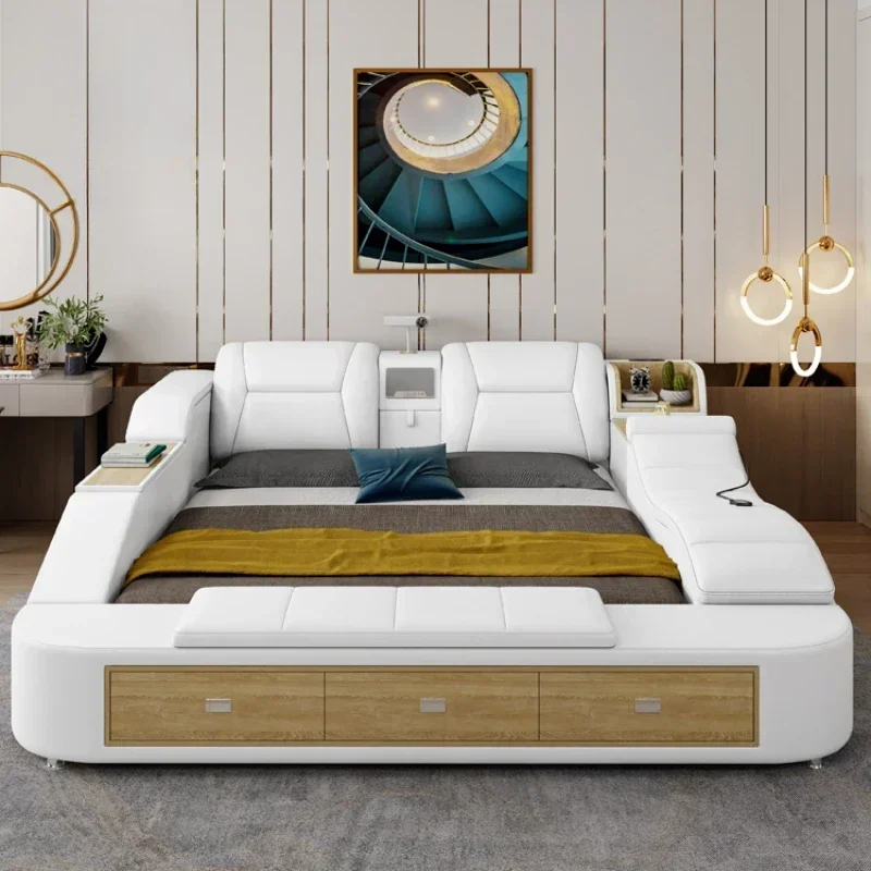 

High End King Bed Frame Nordic Modern White Luxury Headboard Frame Bed Wood Sleeping Letti Matrimoniali Furniture For Bedroom