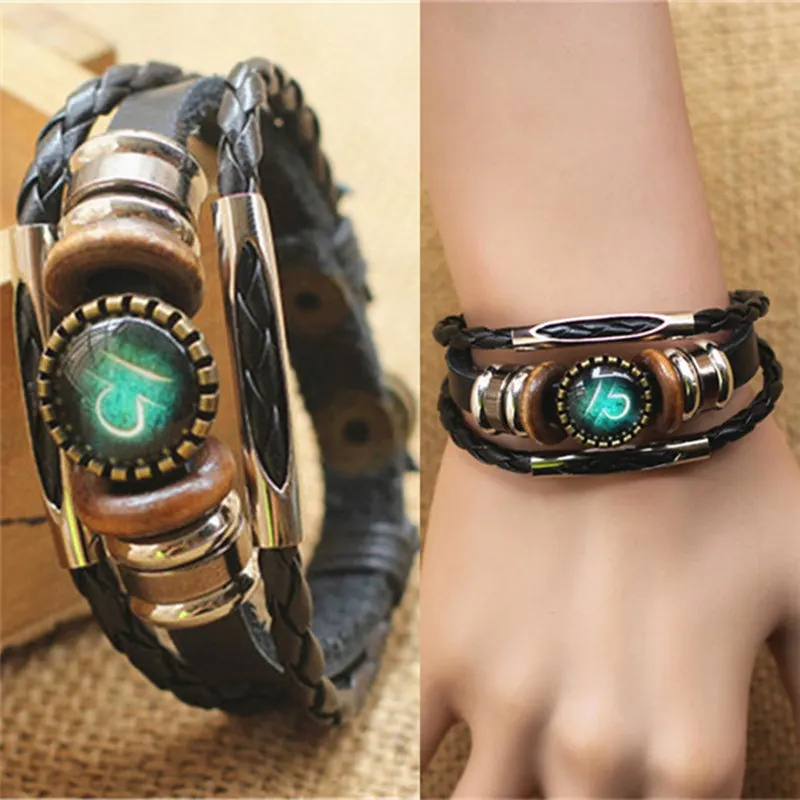 Fashion Punk Men Jewelry 12 Horoscope Leather Bracelet Retro Wooden Bead Charm Bracelet Female Male Jewelry Gifts Wholesale