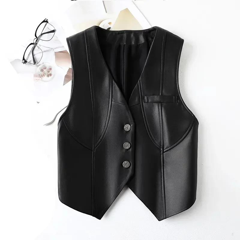 

2024 New Spring Women's Casual V-neck Button Imitation Leather Fine Cut Black Vest Female Waistcoat Sleeveless Jacket