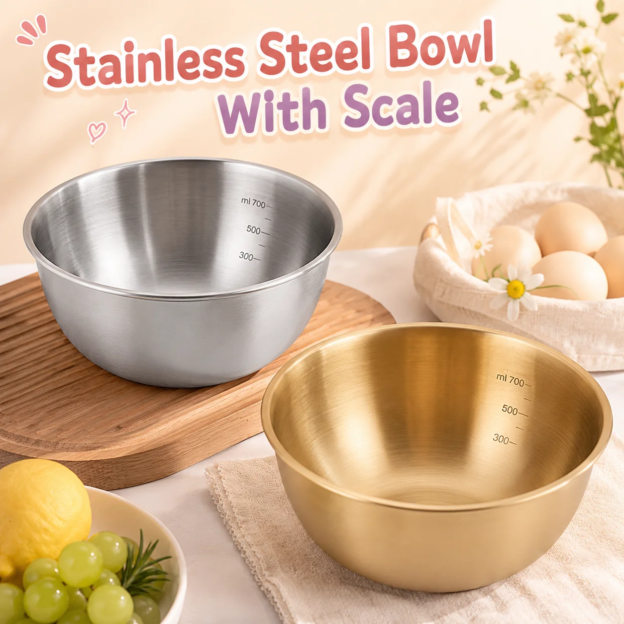 Stainless Steel Bowl With Scale Large Capacity Salad Basin Kitchen Egg Whisking Baking Bowls For Food Storage