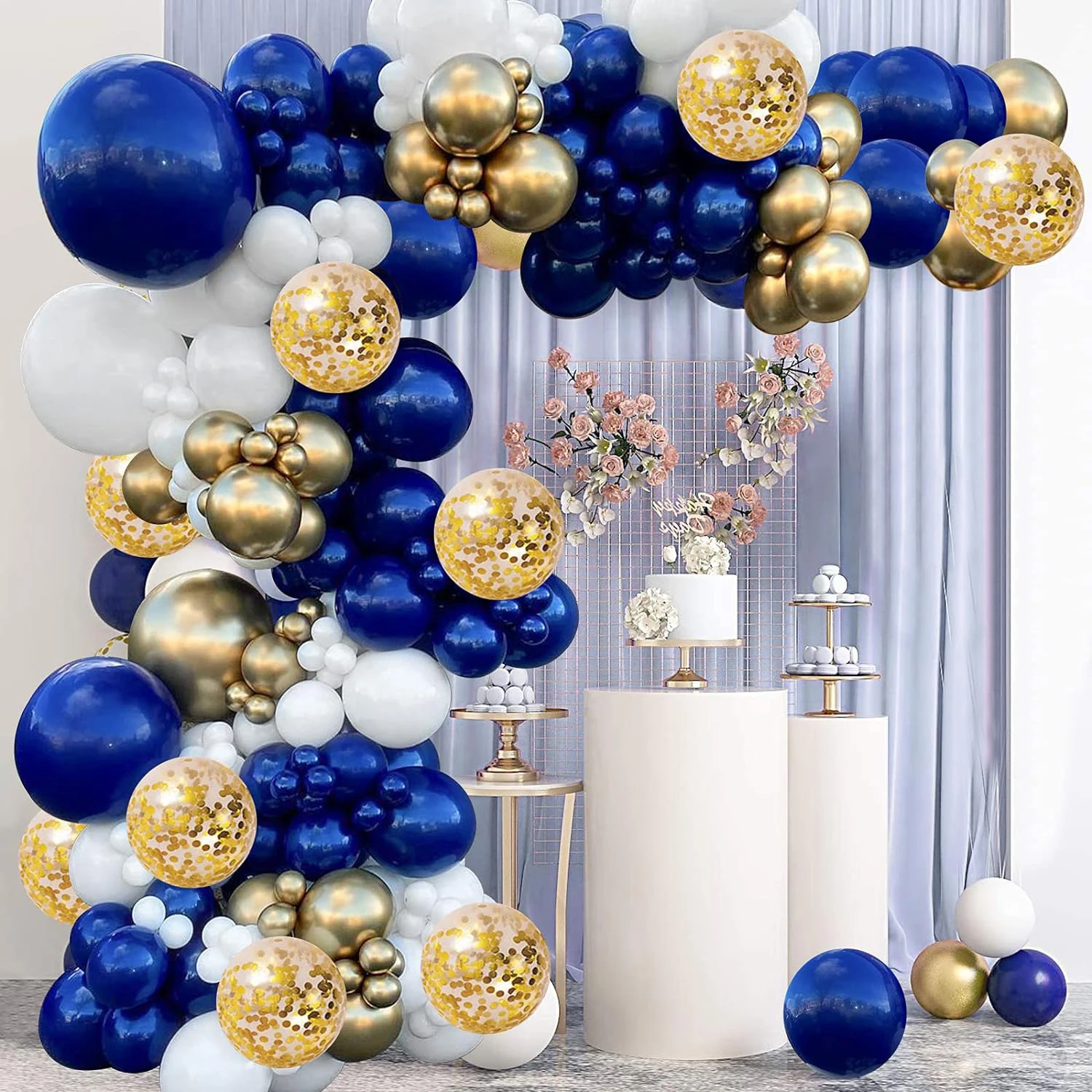 Blue gold balloon wreath set with 131 pieces of blue gold white colorful confetti balloon arch set, with balloon accessories, su